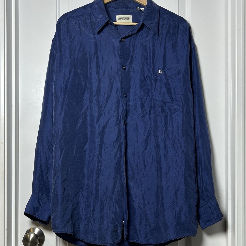 J.T. Beckett Vintage 90s 100% Silk Royal Blue Pocket Oversized Button Up Shirt